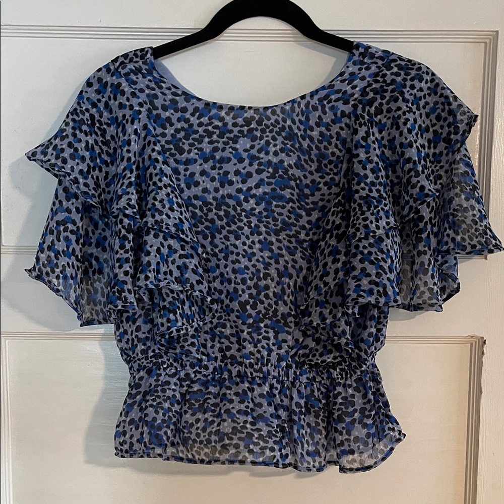 Express Blue and Black Patterned Ruffle Blouse